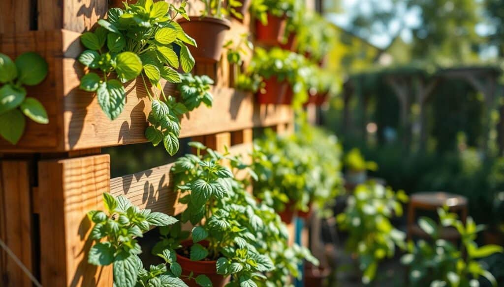 A vibrant vertical herb garden thriving on a rustic wooden pallet fence, showcasing an array of lush green herbs such as basil, parsley, mint, and thyme. In the foreground, focus on a detailed close-up of the herbs with dew drops glistening under soft sunlight. The middle ground reveals the textured wooden slats of the pallet, adorned with hanging pots and planters filled with rich soil. The background features a soft blurred garden, bathed in bright natural light, creating an airy atmosphere. The overall mood is fresh and inviting, ideal for a home gardening scene. Use a shallow depth of field to emphasize the herbs while ensuring the lighting highlights the vibrant greens against the warm wood tones. A vibrant vertical herb garden thriving on a rustic wooden pallet fence, showcasing an array of lush green herbs such as basil, parsley, mint, and thyme. In the foreground, focus on a detailed close-up of the herbs with dew drops glistening under soft sunlight. The middle ground reveals the textured wooden slats of the pallet, adorned with hanging pots and planters filled with rich soil. The background features a soft blurred garden, bathed in bright natural light, creating an airy atmosphere. The overall mood is fresh and inviting, ideal for a home gardening scene. Use a shallow depth of field to emphasize the herbs while ensuring the lighting highlights the vibrant greens against the warm wood tones.