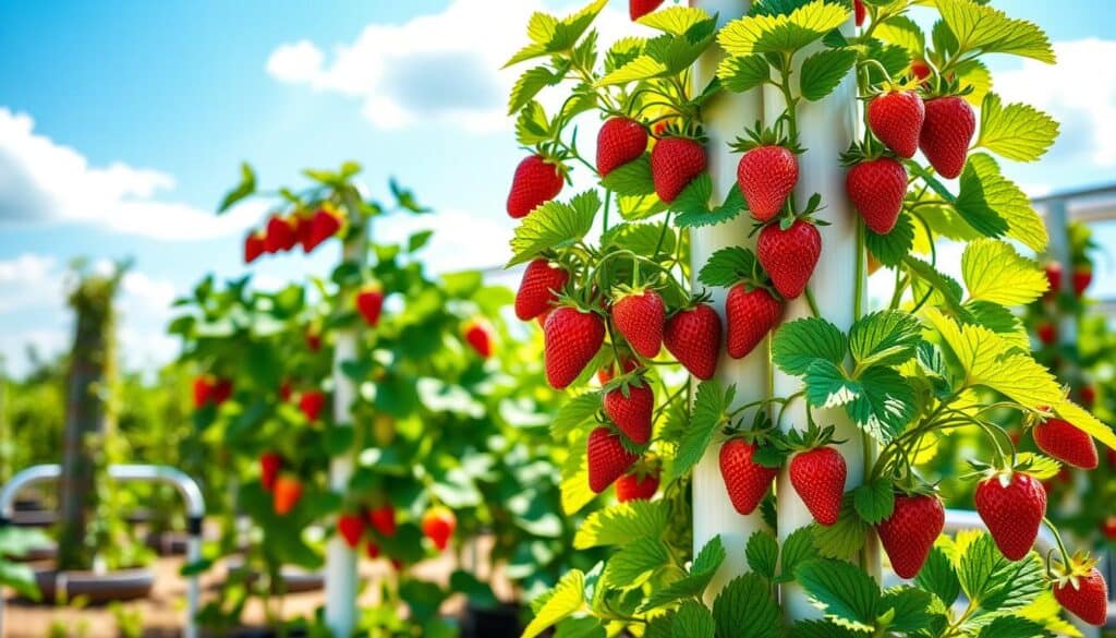 A vibrant, vertical strawberry tower planter made from PVC pipe, filled with lush green strawberry plants bearing ripe red strawberries. In the foreground, the tower is detailed, showcasing the different growth stages of the plants with shiny leaves and plump fruit. The middle ground features a garden equipped with more vertical planters, all set against a sunny backdrop. Bright natural light pours in, casting soft shadows that enhance the textures of the leaves and pipes. In the background, a clear blue sky with a few fluffy white clouds adds to the airy and well-lit atmosphere. The scene conveys a sense of abundance and joy, perfect for a home gardening setup. A vibrant, vertical strawberry tower planter made from PVC pipe, filled with lush green strawberry plants bearing ripe red strawberries. In the foreground, the tower is detailed, showcasing the different growth stages of the plants with shiny leaves and plump fruit. The middle ground features a garden equipped with more vertical planters, all set against a sunny backdrop. Bright natural light pours in, casting soft shadows that enhance the textures of the leaves and pipes. In the background, a clear blue sky with a few fluffy white clouds adds to the airy and well-lit atmosphere. The scene conveys a sense of abundance and joy, perfect for a home gardening setup.