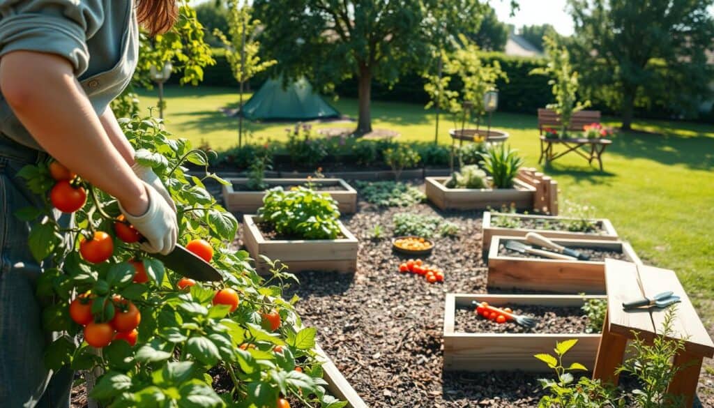 A vibrant, well-maintained backyard raised garden during a sunny afternoon, showcasing a variety of vegetables and herbs like tomatoes, basil, and peppers. In the foreground, a gardener in modest casual clothing is gently tending to the plants, using a small trowel and wearing gardening gloves. In the middle ground, several raised wooden beds are neatly arranged, surrounded by colorful flowers, mulch, and garden tools neatly placed on a wooden bench. The background features a lush green lawn and a few trees, with soft sunlight filtering through leaves, casting gentle shadows. The atmosphere is peaceful and productive, inviting viewers into a serene gardening experience. The image should be bright and airy, emphasizing the natural beauty of a thriving garden.