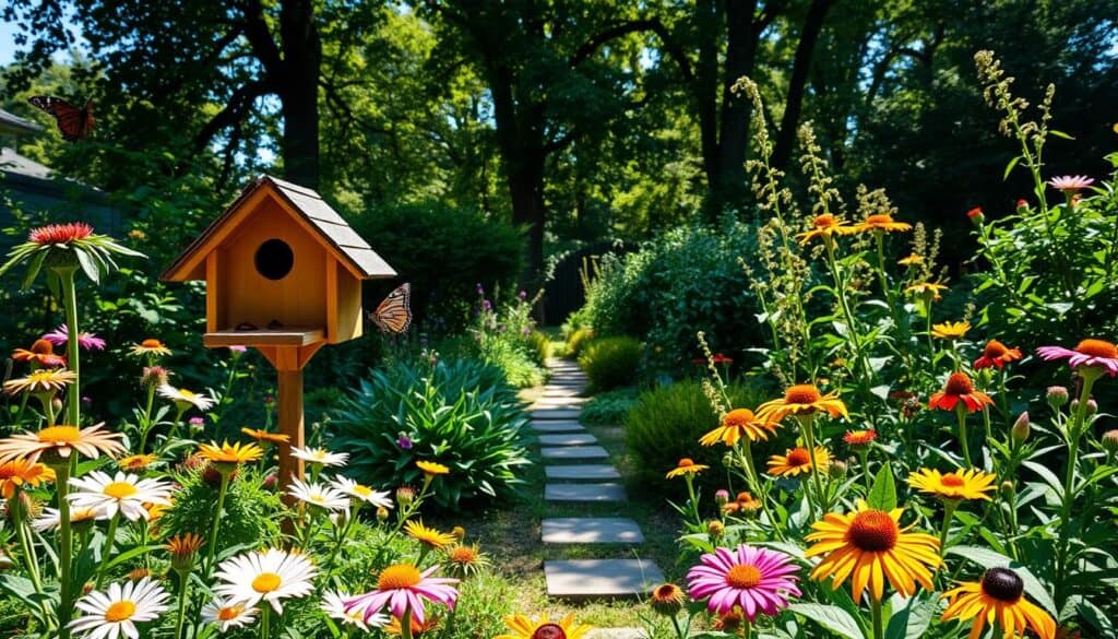 A vibrant wildlife habitat in a backyard garden designed to attract butterflies and birds. In the foreground, a cozy wooden birdhouse nestled among colorful flowering plants, such as daisies and coneflowers, while a butterfly rests delicately on a petal. The middle layer showcases a small, meandering stone pathway surrounded by lush greenery, shrubs, and taller wildflowers, providing natural cover. In the background, tall trees with thick foliage create a serene atmosphere, dappled sunlight filtering through the leaves. The scene is infused with a warm and inviting mood, evoking tranquility and harmony with nature. The lighting is bright and natural, with soft sunlight casting gentle shadows, enhancing the details of the habitat. The angle captures a slightly elevated view, allowing for a complete perspective of the wildlife-friendly garden.
