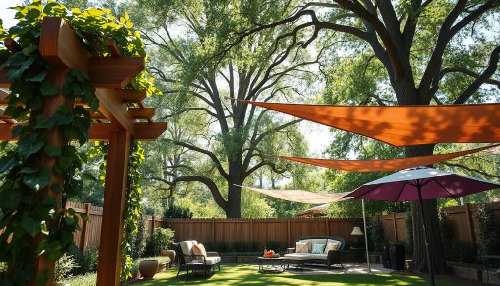 A visually appealing backyard scene showcasing creative shading ideas without cutting down trees. In the foreground, a stylish wooden pergola adorned with climbing vines, casting gentle shadows. The middle ground features a cozy seating area with elegant outdoor furniture and decorative cushions, all under large, colorful outdoor umbrellas that provide ample shade. In the background, tall, lush trees create a natural canopy, merging seamlessly with homemade fabric canopies draped between them. The lighting is bright and airy, with soft sunlight filtering through the leaves, creating a warm and inviting atmosphere. The perspective is slightly elevated to capture the depth and layered elements of this tranquil outdoor space. The overall mood should evoke relaxation and creativity in backyard design.
