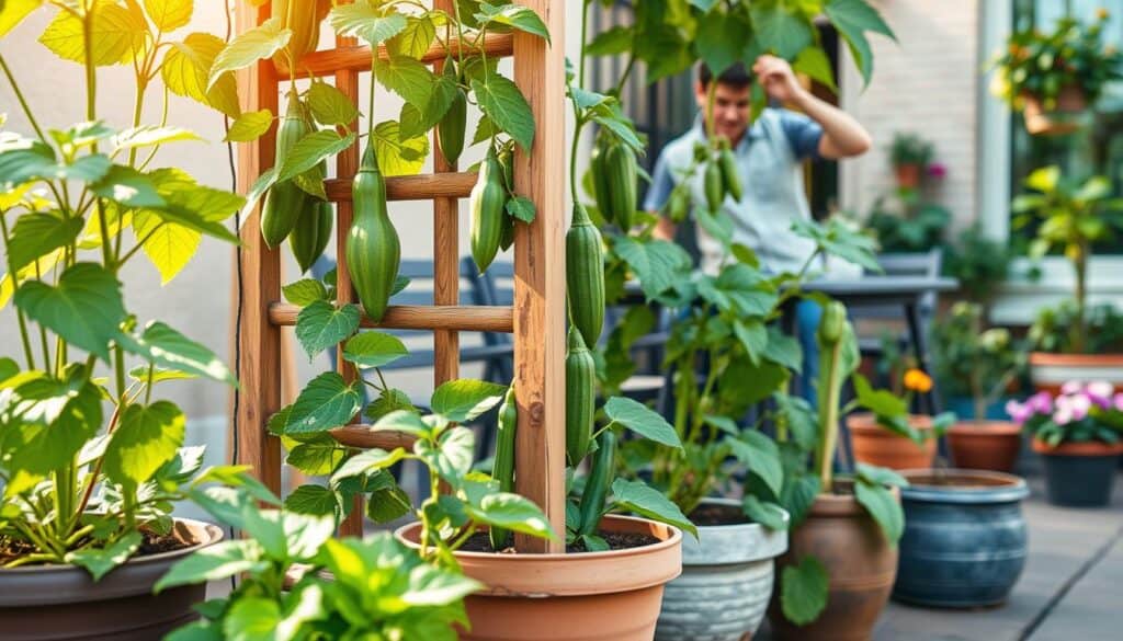 A visually appealing container garden showcasing cucumbers growing vertically in pots on a small patio. The foreground features a variety of pots filled with lush, green cucumber vines climbing a rustic trellis made of wood. In the middle ground, healthy cucumber fruits dangle amidst vibrant leaves, and a gardener in modest casual clothing tends to the plants, carefully adjusting the trellis. The background displays a charming urban patio setting with cozy furniture and potted flowers, bathed in soft, warm sunlight that creates an inviting atmosphere. The scene is captured from a slightly elevated angle to emphasize the vertical growth, with a focus on natural textures and colors. A visually appealing container garden showcasing cucumbers growing vertically in pots on a small patio. The foreground features a variety of pots filled with lush, green cucumber vines climbing a rustic trellis made of wood. In the middle ground, healthy cucumber fruits dangle amidst vibrant leaves, and a gardener in modest casual clothing tends to the plants, carefully adjusting the trellis. The background displays a charming urban patio setting with cozy furniture and potted flowers, bathed in soft, warm sunlight that creates an inviting atmosphere. The scene is captured from a slightly elevated angle to emphasize the vertical growth, with a focus on natural textures and colors.
