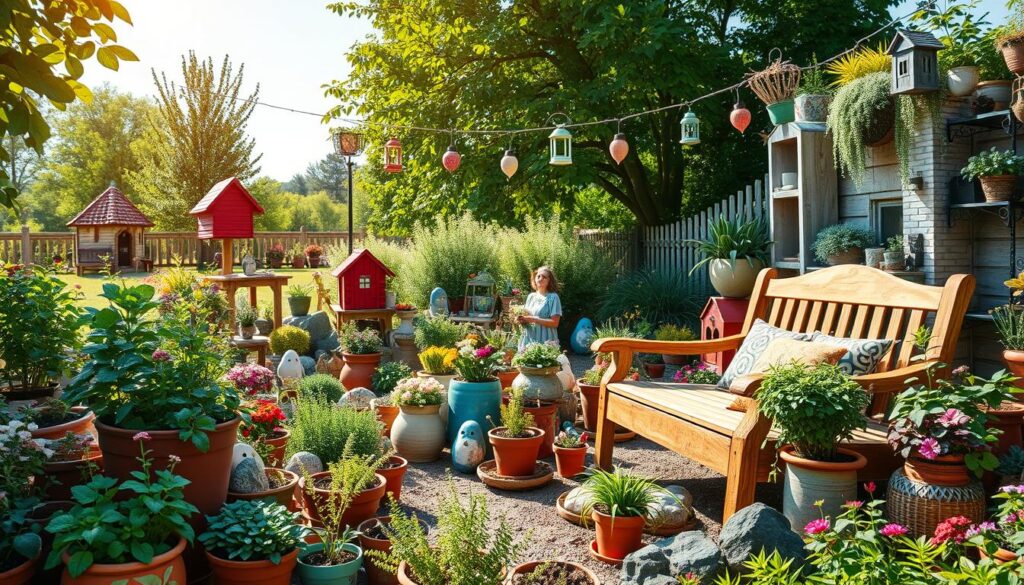 A vivid outdoor garden scene depicting various excessive DIY garden projects that create a cluttered atmosphere. In the foreground, intricately designed wooden garden furniture surrounded by an array of colorful pots overflowing with different plants, including herbs and flowers. In the middle ground, a patchwork of DIY decorations like painted rocks, whimsical birdhouses, and hanging lanterns, all vying for attention amid overgrown greenery. The background features a soft-focus view of a sunny, well-kept garden with a clear blue sky and gentle sunlight filtering through the leaves, casting dappled light. The mood is lively yet chaotic, capturing the essence of an overly busy garden space, with bright natural light illuminating the scene, enhancing the vivid colors and textures.