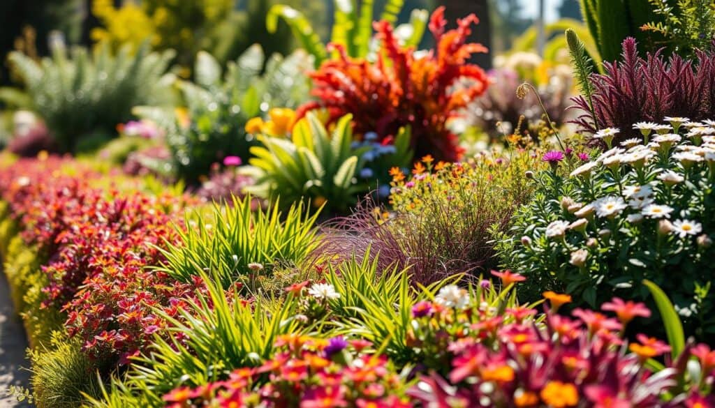 A vividly detailed garden scene focusing on the foreground where vibrant, lush plants are layered by height. Prominently feature low-growing edging plants like colorful, flowering groundcovers interspersed with small ornamental grasses. In the middle layer, incorporate medium-height plants such as ferns and delicate wildflowers, while the background showcases taller shrubs and small trees. Capture the scene bathed in bright, natural sunlight, creating soft shadows that emphasize the textures and colors of the foliage. Use a shallow depth of field to draw attention to the foreground plants, creating an airy, inviting atmosphere, perfect for illustrating the idea of layering plants in a garden. The overall mood should feel fresh and lively, inspiring a sense of lush growth and beauty in home gardening.