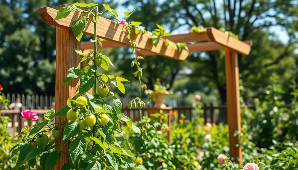 A weather-resistant wood trellis standing proudly in a lush garden, showcasing an elegant design with sturdy, treated wooden slats. The foreground features vibrant green climbing vegetables, such as tomatoes and peas, trailing gracefully along the trellis. In the middle ground, the trellis is adorned with blossoms and leaves, emphasizing its integration into the natural environment. The background captures a sunny day, with soft sunlight filtering through nearby trees, creating a warm, inviting atmosphere. The image is taken from a low angle to highlight the details of the wood grain and the trellis's structure, emphasizing its durability and aesthetic appeal. The overall mood is serene and inspiring, suggesting a sustainable and vibrant gardening experience.
