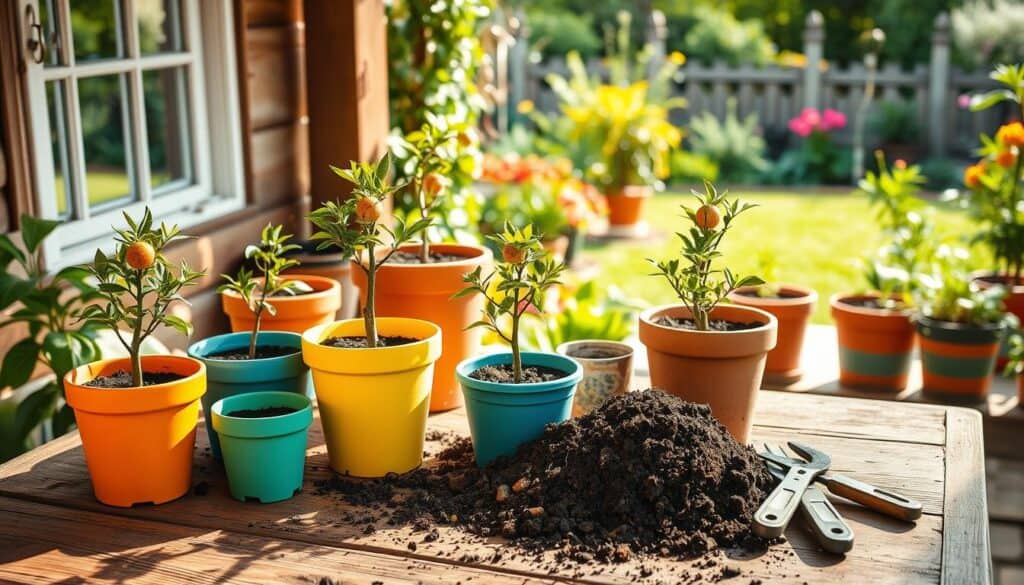 A well-arranged display of various pot sizes suitable for compact fruit trees, set on a rustic wooden table. In the foreground, several bright and colorful pots, made of ceramic and terracotta, each containing a small fruit tree like a dwarf apple or citrus. The middle ground features a rich, dark potting soil with gardening tools beside it. A soft, airy atmosphere is created by warm, natural light streaming through a nearby window, casting gentle shadows. In the background, a vibrant garden scene is visible, with lush greenery and additional fruit trees in larger pots, suggesting growth and abundance. The overall mood is inviting and serene, perfect for gardening enthusiasts. A well-arranged display of various pot sizes suitable for compact fruit trees, set on a rustic wooden table. In the foreground, several bright and colorful pots, made of ceramic and terracotta, each containing a small fruit tree like a dwarf apple or citrus. The middle ground features a rich, dark potting soil with gardening tools beside it. A soft, airy atmosphere is created by warm, natural light streaming through a nearby window, casting gentle shadows. In the background, a vibrant garden scene is visible, with lush greenery and additional fruit trees in larger pots, suggesting growth and abundance. The overall mood is inviting and serene, perfect for gardening enthusiasts.