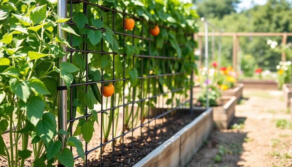 A well-constructed cattle panel trellis attached to a raised bed garden, featuring a robust, metal frame supporting lush climbing plants like tomatoes and cucumbers. In the foreground, vibrant green foliage spills over the edges of the raised bed, contrasting with the earthy browns of the soil. The middle ground displays the trellis with clear details, showcasing its structural integrity and the intricate patterns created by the intertwined vines. The background features a bright, sunlit garden scene filled with blooming flowers and other raised beds, all bathed in soft, natural light that emphasizes the freshness of the garden. The overall mood is inviting and productive, capturing the essence of a thriving garden space. A well-constructed cattle panel trellis attached to a raised bed garden, featuring a robust, metal frame supporting lush climbing plants like tomatoes and cucumbers. In the foreground, vibrant green foliage spills over the edges of the raised bed, contrasting with the earthy browns of the soil. The middle ground displays the trellis with clear details, showcasing its structural integrity and the intricate patterns created by the intertwined vines. The background features a bright, sunlit garden scene filled with blooming flowers and other raised beds, all bathed in soft, natural light that emphasizes the freshness of the garden. The overall mood is inviting and productive, capturing the essence of a thriving garden space.