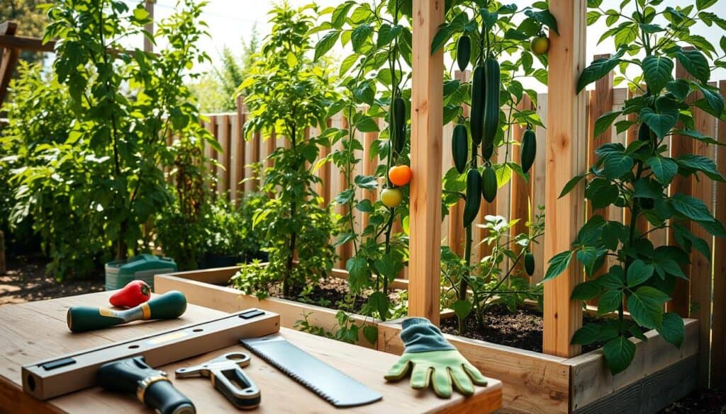 A well-constructed wooden trellis positioned next to a raised bed garden, showcasing climbing plants such as tomatoes and cucumbers thriving against its vertical structure. In the foreground, a collection of essential tools is visible, including a level, saw, and gardening gloves, placed neatly on a wooden workbench. The middle ground features the trellis framed by vibrant green foliage, with a glimpse of the raised bed filled with rich soil and budding vegetables. The background includes a sunny sky with soft sunlight filtering through, casting gentle shadows and creating a warm, inviting atmosphere. The scene evokes a sense of productivity and potential, ideal for gardening enthusiasts. A well-constructed wooden trellis positioned next to a raised bed garden, showcasing climbing plants such as tomatoes and cucumbers thriving against its vertical structure. In the foreground, a collection of essential tools is visible, including a level, saw, and gardening gloves, placed neatly on a wooden workbench. The middle ground features the trellis framed by vibrant green foliage, with a glimpse of the raised bed filled with rich soil and budding vegetables. The background includes a sunny sky with soft sunlight filtering through, casting gentle shadows and creating a warm, inviting atmosphere. The scene evokes a sense of productivity and potential, ideal for gardening enthusiasts.