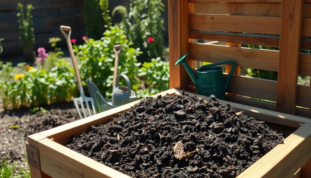 A well-crafted DIY compost bin made from wooden pallets, arranged in a functional design that promotes better compost quality. In the foreground, show the open compost bin filled with rich, dark compost, with visible layers of kitchen scraps and yard waste. The middle ground features tools like a pitchfork and a watering can, emphasizing usability and functionality. In the background, a lush garden with vibrant plants reflects a healthy ecosystem. The scene is illuminated with bright, natural sunlight, casting soft shadows and enhancing the textures of the wood and compost. Capture this from a slightly elevated angle to showcase the depth and layers of the compost bin design, evoking a warm, nostalgic, and eco-friendly atmosphere. A well-crafted DIY compost bin made from wooden pallets, arranged in a functional design that promotes better compost quality. In the foreground, show the open compost bin filled with rich, dark compost, with visible layers of kitchen scraps and yard waste. The middle ground features tools like a pitchfork and a watering can, emphasizing usability and functionality. In the background, a lush garden with vibrant plants reflects a healthy ecosystem. The scene is illuminated with bright, natural sunlight, casting soft shadows and enhancing the textures of the wood and compost. Capture this from a slightly elevated angle to showcase the depth and layers of the compost bin design, evoking a warm, nostalgic, and eco-friendly atmosphere.