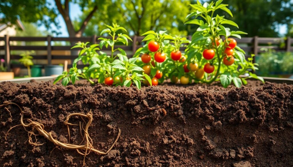 A well-designed raised bed garden specifically for growing tomatoes and peppers, showcasing a depth of approximately 12 to 18 inches. In the foreground, close-up details reveal rich, moist soil with healthy roots intertwining, indicating the ideal depth for plant growth. The middle layer features vibrant, lush tomato and pepper plants thriving in the raised bed, with ripe fruits peeking through the green foliage. The background displays a sunny garden setting, with soft sunlight filtering through leafy trees, casting gentle shadows. The atmosphere is tranquil and inviting, embodying the essence of a productive home garden. Capture this scene using a warm color palette and a slightly elevated angle for depth, emphasizing the layers of soil and plants without any text or distractions.