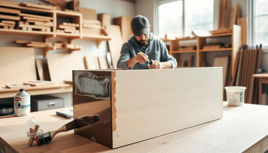 A well-lit woodworking workshop scene focused on waterproofing a plywood planter. In the foreground, a large, unfinished plywood planter sits on a sturdy workbench, partially coated with a glossy sealant, highlighting the waterproofing process. To the side, tools like a paintbrush and a can of sealant are artfully arranged. In the middle, a craftsman, dressed in modest casual clothing, diligently applies the sealant to the edges of the planter, showcasing the technique. The background features shelves filled with woodworking supplies, bathed in soft, natural sunlight streaming through a large window, creating an airy and inviting atmosphere. The image captures a sense of craftsmanship and dedication to creating a durable, long-lasting planter. A well-lit woodworking workshop scene focused on waterproofing a plywood planter. In the foreground, a large, unfinished plywood planter sits on a sturdy workbench, partially coated with a glossy sealant, highlighting the waterproofing process. To the side, tools like a paintbrush and a can of sealant are artfully arranged. In the middle, a craftsman, dressed in modest casual clothing, diligently applies the sealant to the edges of the planter, showcasing the technique. The background features shelves filled with woodworking supplies, bathed in soft, natural sunlight streaming through a large window, creating an airy and inviting atmosphere. The image captures a sense of craftsmanship and dedication to creating a durable, long-lasting planter.