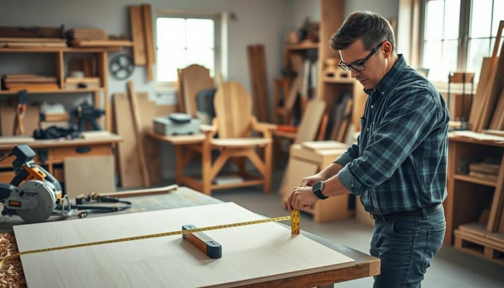 A well-lit workshop scene depicting a person measuring and cutting plywood boards for a garden kneeler. In the foreground, a professional-looking individual in modest casual attire is focused on using a tape measure on a large piece of smooth plywood, showing a precise measurement. Tools such as a circular saw, a carpenter's square, and safety glasses are visible on a sturdy workbench filled with wood shavings. The middle ground features a wooden kneeler partially assembled, showcasing attention to detail. The background has shelves lined with various woodworking tools and materials, illuminated by bright, soft natural light streaming through a window, creating an airy and inviting atmosphere that reflects craftsmanship and precision. A well-lit workshop scene depicting a person measuring and cutting plywood boards for a garden kneeler. In the foreground, a professional-looking individual in modest casual attire is focused on using a tape measure on a large piece of smooth plywood, showing a precise measurement. Tools such as a circular saw, a carpenter's square, and safety glasses are visible on a sturdy workbench filled with wood shavings. The middle ground features a wooden kneeler partially assembled, showcasing attention to detail. The background has shelves lined with various woodworking tools and materials, illuminated by bright, soft natural light streaming through a window, creating an airy and inviting atmosphere that reflects craftsmanship and precision.