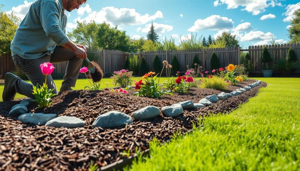 A well-maintained backyard scene showcasing a vibrant garden bed being refreshed with rich brown mulch and decorative stone edging. In the foreground, a homeowner in modest casual clothing is kneeling, carefully spreading mulch around a flourishing array of colorful flowers and lush green plants. The middle ground features neatly arranged stone edging, highlighting the contours of the garden bed, while soft sunlight bathes the entire scene in a warm glow. In the background, a pristine lawn is visible, punctuated by a charming wooden fence and a bright blue sky dotted with fluffy white clouds. The atmosphere is tranquil and inviting, evoking a sense of accomplishment and enjoyment in DIY landscaping. Capture this image with a slightly elevated angle to emphasize depth and detail. A well-maintained backyard scene showcasing a vibrant garden bed being refreshed with rich brown mulch and decorative stone edging. In the foreground, a homeowner in modest casual clothing is kneeling, carefully spreading mulch around a flourishing array of colorful flowers and lush green plants. The middle ground features neatly arranged stone edging, highlighting the contours of the garden bed, while soft sunlight bathes the entire scene in a warm glow. In the background, a pristine lawn is visible, punctuated by a charming wooden fence and a bright blue sky dotted with fluffy white clouds. The atmosphere is tranquil and inviting, evoking a sense of accomplishment and enjoyment in DIY landscaping. Capture this image with a slightly elevated angle to emphasize depth and detail.