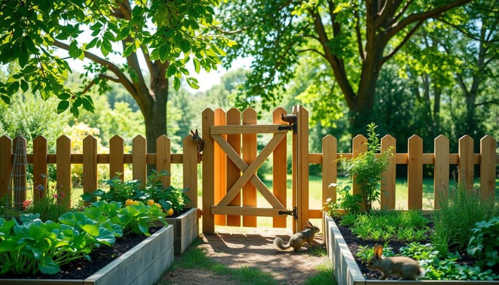A well-maintained raised bed garden surrounded by a protective wooden fence designed to keep out squirrels and rabbits. In the foreground, the raised beds are filled with vibrant vegetables and herbs, showcasing fresh greens and colorful blooms. The middle ground features a sturdy wooden fence, about four feet tall, with a gate slightly ajar, demonstrating accessibility. Background elements include a bright, sunny day with soft sunlight filtering through leaves of nearby trees, casting gentle shadows on the ground. A few playful squirrels can be seen in the background, peeking curiously from behind the fence, while a rabbit hops nearby, highlighting the challenge of keeping them out. The scene evokes a serene, peaceful gardening atmosphere, with an emphasis on protection and growth.
