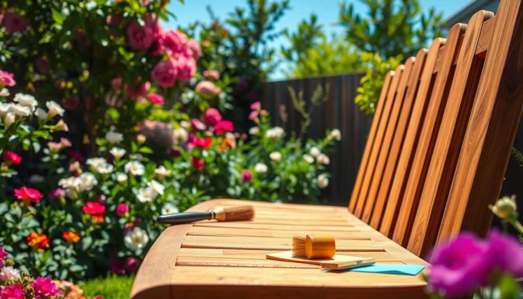 A well-maintained wooden garden seat placed in a vibrant garden setting, surrounded by blooming flowers and green foliage. In the foreground, the seat is depicted with a close-up view, highlighting its wooden texture and any maintenance tools like a brush, wood oil, and sandpaper positioned strategically nearby. The middle layer showcases the garden’s rich greenery, with sunlight filtering through leaves, creating a warm, inviting atmosphere. The background features a clear blue sky and a hint of a wooden fence for depth. The lighting is bright and natural, evoking a sunny day with soft sunlight illuminating the scene. The overall mood is serene and homey, emphasizing care and longevity in garden furniture maintenance. A well-maintained wooden garden seat placed in a vibrant garden setting, surrounded by blooming flowers and green foliage. In the foreground, the seat is depicted with a close-up view, highlighting its wooden texture and any maintenance tools like a brush, wood oil, and sandpaper positioned strategically nearby. The middle layer showcases the garden’s rich greenery, with sunlight filtering through leaves, creating a warm, inviting atmosphere. The background features a clear blue sky and a hint of a wooden fence for depth. The lighting is bright and natural, evoking a sunny day with soft sunlight illuminating the scene. The overall mood is serene and homey, emphasizing care and longevity in garden furniture maintenance.