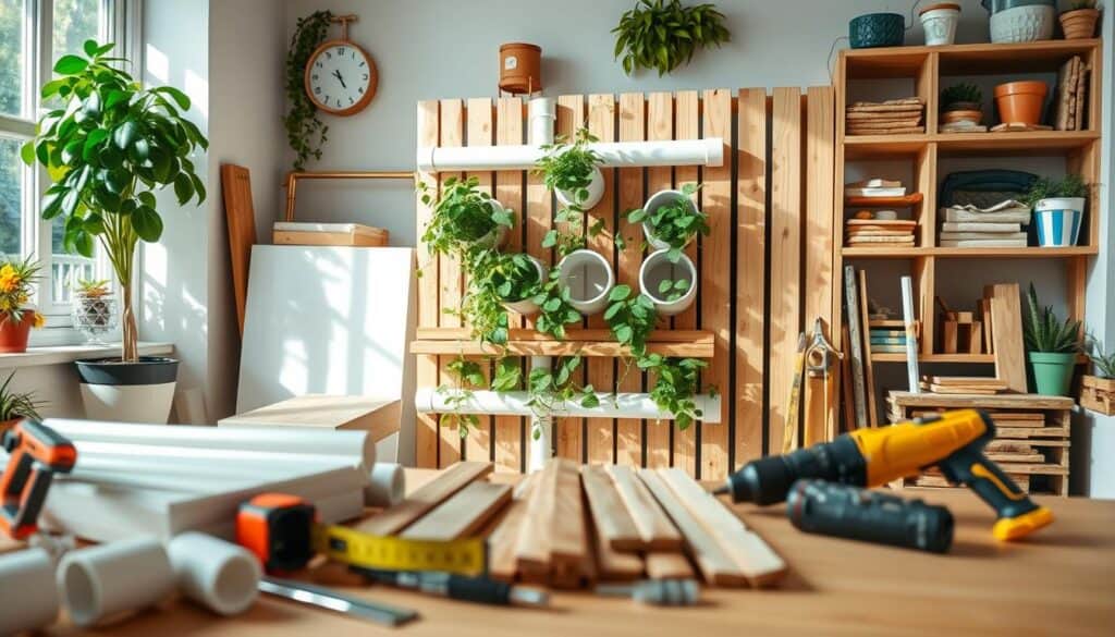 A well-organized DIY workspace showcasing a vertical garden wall build made from PVC pipes and wooden planks. In the foreground, a close-up of various tools such as a saw, measuring tape, and drill, alongside neatly arranged pieces of PVC pipe and slats of wood. The middle section features a partially constructed vertical garden, with green plants peeking out from the PVC pipe openings, all set against a clean, light-colored backdrop. The background shows shelves stocked with additional gardening supplies and tools. Soft, natural light streaming in from a nearby window highlights the textures of the materials, creating an inspiring and productive atmosphere. The scene embodies a cheerful, inviting, and organized DIY environment, perfect for gardening enthusiasts.