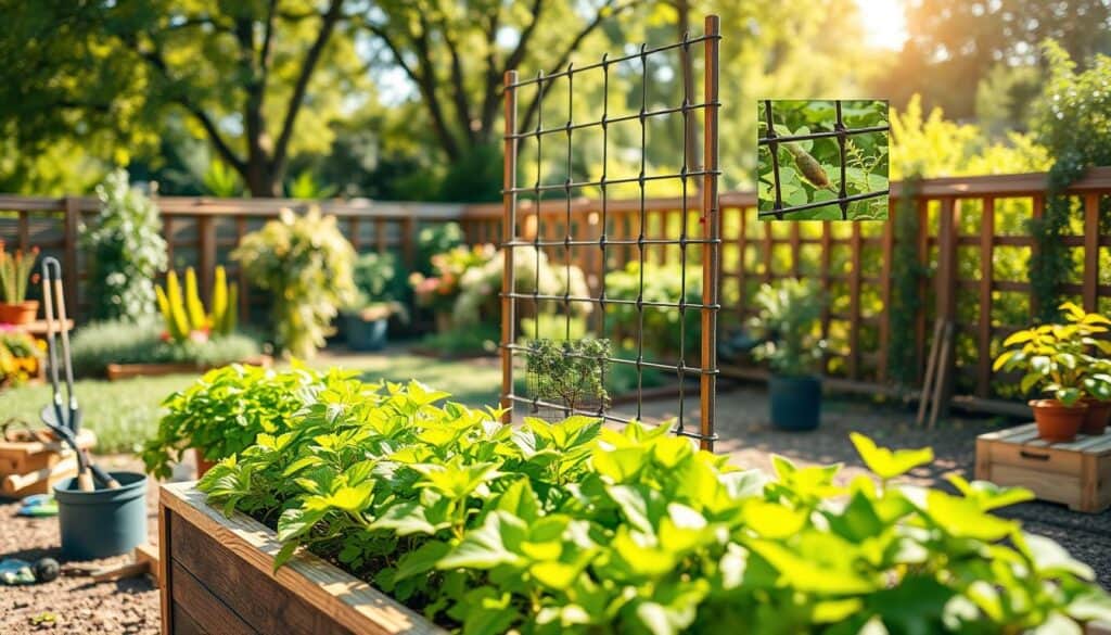 A well-organized garden scene showcasing the installation of a trellis on a raised bed. In the foreground, display a wooden raised bed filled with vibrant green plants, surrounded by gardening tools and accessories. The middle ground features a sturdy, vertical trellis in the process of being installed, with detailed close-ups of the trellis structure, demonstrating common mistakes, such as incorrect height and spacing. In the background, a sunny garden setting with soft sunlight filtering through trees creates an airy atmosphere. Capture a sense of calm and professionalism, highlighting the tranquillity of a well-planned garden space. The angle should be slightly elevated to emphasize both the trellis and the raised bed, ensuring a clear view of the gardening elements and their arrangement. A well-organized garden scene showcasing the installation of a trellis on a raised bed. In the foreground, display a wooden raised bed filled with vibrant green plants, surrounded by gardening tools and accessories. The middle ground features a sturdy, vertical trellis in the process of being installed, with detailed close-ups of the trellis structure, demonstrating common mistakes, such as incorrect height and spacing. In the background, a sunny garden setting with soft sunlight filtering through trees creates an airy atmosphere. Capture a sense of calm and professionalism, highlighting the tranquillity of a well-planned garden space. The angle should be slightly elevated to emphasize both the trellis and the raised bed, ensuring a clear view of the gardening elements and their arrangement.
