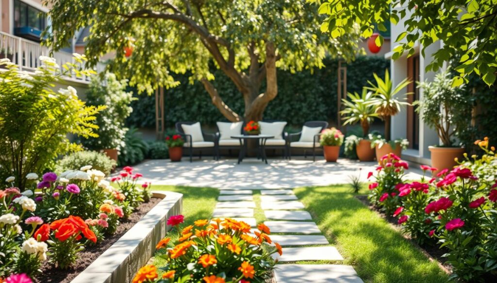 A well-organized outdoor garden space showcasing effective layout and traffic flow. In the foreground, neatly arranged flower beds with vibrant blooms and pathways made of natural stone, inviting exploration. The middle ground features a cozy seating area with tasteful lawn furniture and a small table, surrounded by plants in strategically placed pots. In the background, a graceful tree or shrub aligns with the pathway, creating a sense of harmony and balance. The scene is illuminated by bright natural light, with soft sunlight filtering through the leaves, casting gentle shadows. The atmosphere is serene and welcoming, reflecting a beautifully arranged garden that feels spacious and uncluttered, ideal for relaxation and enjoyment.