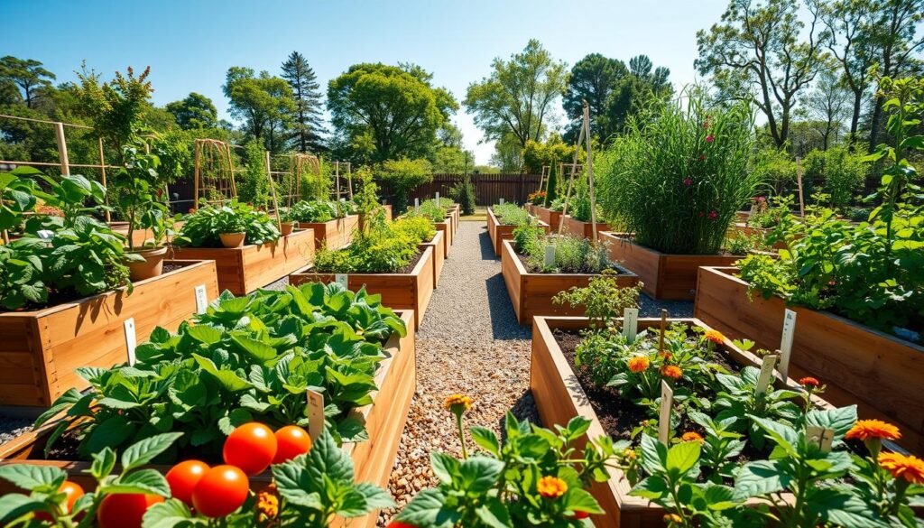 A well-organized raised garden bed layout, featuring multiple raised wooden beds filled with a variety of lush vegetables such as tomatoes, lettuce, bell peppers, and herbs. In the foreground, vibrant green plants are prominently displayed with small garden markers for easy identification. The middle ground showcases a symmetrical arrangement of beds, bordered by colorful pathways of gravel and flowering plants like marigolds and nasturtiums. In the background, a bright blue sky is visible, with soft, natural sunlight filtering through a light canopy of trees. The atmosphere is calm and inviting, reflecting the serenity of a well-planned vegetable garden. The image should be captured with a wide-angle lens to emphasize depth, ensuring a clear and detailed depiction of the garden layout in a sunny, airy setting.