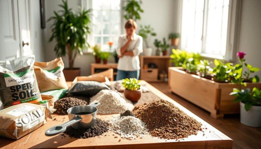 A well-organized space for choosing the best soil mix for self-watering container gardening. In the foreground, a wooden table is strewn with various bags of soil mixes, organic compost, and perlite, all labeled clearly. A measuring cup and garden trowel lie invitingly next to a small assortment of healthy potted plants. In the middle ground, sunlight filters through a large window, illuminating the vibrant colors of the soil and plants. A person in casual attire is thoughtfully examining the soil options, creating a warm and inviting atmosphere. In the background, a beautifully constructed self-watering planter box showcases the project’s potential. The scene is bright and airy, emphasizing a natural and harmonious gardening environment. Soft shadows and gentle lighting enhance the welcoming mood. A well-organized space for choosing the best soil mix for self-watering container gardening. In the foreground, a wooden table is strewn with various bags of soil mixes, organic compost, and perlite, all labeled clearly. A measuring cup and garden trowel lie invitingly next to a small assortment of healthy potted plants. In the middle ground, sunlight filters through a large window, illuminating the vibrant colors of the soil and plants. A person in casual attire is thoughtfully examining the soil options, creating a warm and inviting atmosphere. In the background, a beautifully constructed self-watering planter box showcases the project’s potential. The scene is bright and airy, emphasizing a natural and harmonious gardening environment. Soft shadows and gentle lighting enhance the welcoming mood.