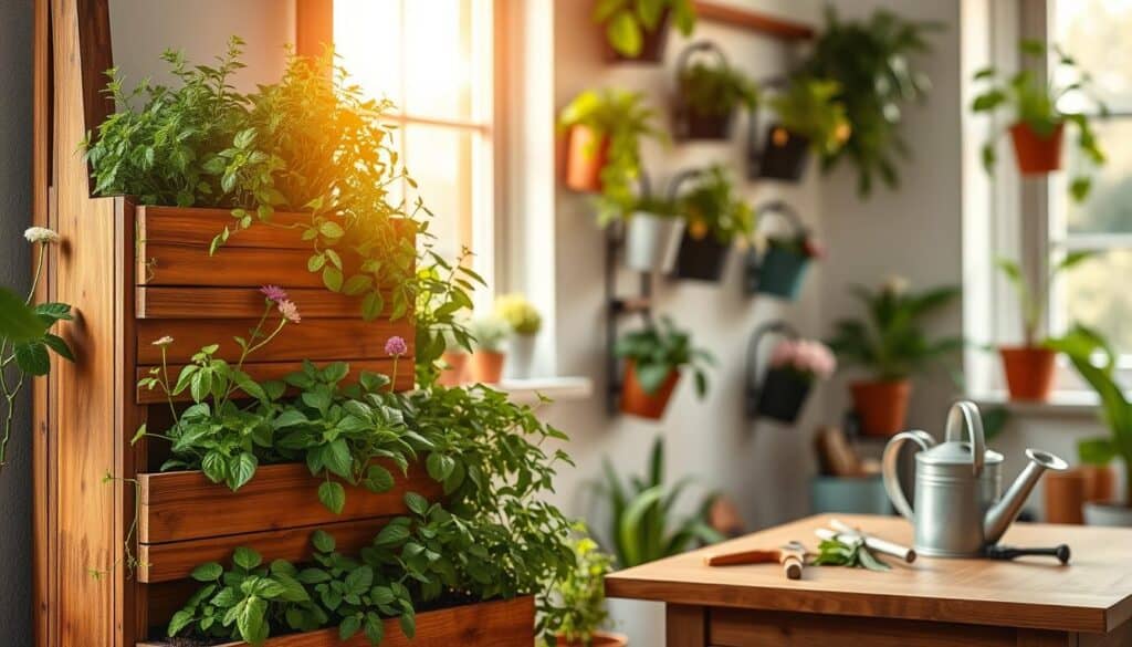 A well-organized vertical garden setup in a cozy, modern home environment. In the foreground, a wooden vertical planter filled with lush, vibrant herbs and small flowering plants. The middle layer showcases various vertical gardening systems, such as wall-mounted planters and hanging pots, displaying healthy green foliage and blooms. The background features a sunlit window with soft, golden sunlight streaming in, illuminating the space and creating an airy atmosphere. Include gardening tools like a watering can and pruning shears neatly arranged on a wooden table nearby, emphasizing maintenance. Capture the scene with a shallow depth of field to focus on the plants, showcasing textures and colors, while inviting a sense of tranquility and success in home gardening.
