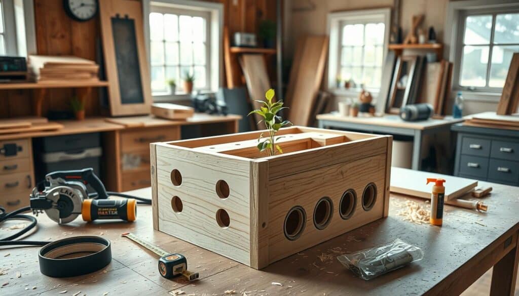 A well-organized workshop scene featuring a self-watering planter box made from a single sheet of plywood. In the foreground, the planter is partially assembled, showcasing its innovative design with visible reservoirs and drainage systems. Include essential tools such as a circular saw, measuring tape, and wood glue neatly arranged beside the planter. The middle ground should depict a workbench cluttered with wood shavings and a small potted plant to emphasize the project’s focus on greenery. In the background, soft sunlight streams through windows, illuminating the workspace, enhancing the atmosphere of creativity and craftsmanship. Use a slightly elevated angle to capture the entire scene while maintaining a bright, airy feel. The overall mood is inspiring and inviting, geared towards DIY enthusiasts. A well-organized workshop scene featuring a self-watering planter box made from a single sheet of plywood. In the foreground, the planter is partially assembled, showcasing its innovative design with visible reservoirs and drainage systems. Include essential tools such as a circular saw, measuring tape, and wood glue neatly arranged beside the planter. The middle ground should depict a workbench cluttered with wood shavings and a small potted plant to emphasize the project’s focus on greenery. In the background, soft sunlight streams through windows, illuminating the workspace, enhancing the atmosphere of creativity and craftsmanship. Use a slightly elevated angle to capture the entire scene while maintaining a bright, airy feel. The overall mood is inspiring and inviting, geared towards DIY enthusiasts.