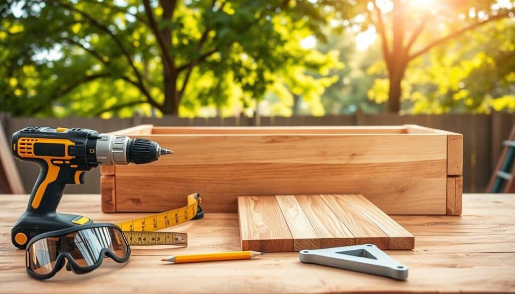 A well-organized workspace featuring essential tools for building a DIY planter box from cedar boards. In the foreground, a selection of tools including a cordless drill, measuring tape, saw, and safety goggles is neatly arranged on a wooden workbench. The middle ground showcases several planks of cedar wood stacked horizontally, with a pencil and square tool lying beside them. The background features a beautifully lit outdoor scene with soft sunlight streaming through leafy trees, creating an airy and inviting atmosphere. The overall composition is bright and well-lit, emphasizing a sense of readiness and inspiration for woodworking projects. The image captures the essence of a practical and creative DIY workspace.