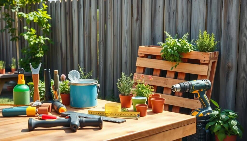 A well-organized workspace featuring essential tools for creating a wooden pallet planter by a fence. In the foreground, arrange a sturdy wooden workbench filled with tools: a hammer, saw, measuring tape, drill, and paint can in bright colors. Beside the tools, display fresh herbs and small planters ready for planting. In the middle ground, include a partially assembled pallet planter leaning against a rustic wooden fence, adorned with vibrant green herbs like basil and rosemary. The background can showcase a sunny garden with gentle sunlight filtering through the leaves, creating a cheerful and inviting atmosphere. Capture the scene from a slightly elevated angle to provide depth, with a focus on clarity and detail, evoking a sense of creativity and outdoor tranquility. A well-organized workspace featuring essential tools for creating a wooden pallet planter by a fence. In the foreground, arrange a sturdy wooden workbench filled with tools: a hammer, saw, measuring tape, drill, and paint can in bright colors. Beside the tools, display fresh herbs and small planters ready for planting. In the middle ground, include a partially assembled pallet planter leaning against a rustic wooden fence, adorned with vibrant green herbs like basil and rosemary. The background can showcase a sunny garden with gentle sunlight filtering through the leaves, creating a cheerful and inviting atmosphere. Capture the scene from a slightly elevated angle to provide depth, with a focus on clarity and detail, evoking a sense of creativity and outdoor tranquility.