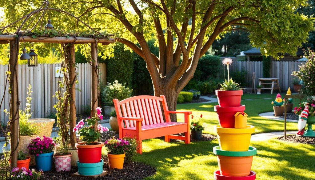 A whimsical backyard featuring a variety of simple DIY garden projects that bring bursts of color and charm. In the foreground, a vibrant flower pot tower made of stacked colorful containers filled with blooming flowers. To the left, a rustic wooden trellis adorned with climbing vines and hanging lanterns. In the middle ground, a cheerful garden bench painted in bright hues under a leafy tree, surrounded by uniquely crafted garden gnomes and birdhouses. The background showcases a sunlit lawn with a small, winding pathway leading to a flower-filled raised bed. Soft, golden sunlight filters through the trees, casting playful shadows and creating a warm, inviting atmosphere, capturing the spirit of creativity and joy in gardening.