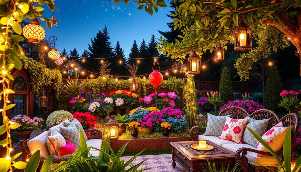 A whimsical garden filled with colorful, enchanting lighting solutions, featuring fairy lights draped over lush green plants and whimsical lanterns hanging from tree branches. In the foreground, a beautifully arranged seating area with cozy cushions and an ornate wooden table invites relaxation. The middle layer showcases a variety of vibrant flowers and plants, their colors illuminated by soft, warm light, creating a magical atmosphere. In the background, tall trees and twinkling stars under a clear night sky add depth and charm. The scene is captured in bright natural light with a soft focus, enhancing the airy feel, and creating a serene and inviting magical garden ambiance.