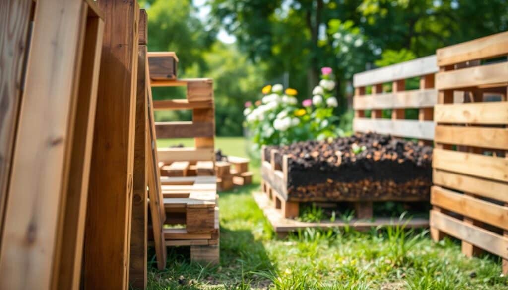 A wooden outdoor setting showcasing an array of DIY compost bins made from pallets, highlighting different types of pallets suitable for construction. In the foreground, a selection of sturdy, weathered pallets with visible wood grain and nails, some upright and some lying flat. The middle ground features a partially constructed compost bin, half-filled with rich, dark compost and layers of vegetable scraps, set on a grassy patch. The background reveals lush greenery, blooming flowers, and soft sunlight filtering through the trees, creating an inviting atmosphere. The scene is bright and airy, capturing the spirit of a productive and eco-friendly outdoor project. The angle emphasizes the textures of the pallets and compost, with a shallow depth of field which softens the background. A wooden outdoor setting showcasing an array of DIY compost bins made from pallets, highlighting different types of pallets suitable for construction. In the foreground, a selection of sturdy, weathered pallets with visible wood grain and nails, some upright and some lying flat. The middle ground features a partially constructed compost bin, half-filled with rich, dark compost and layers of vegetable scraps, set on a grassy patch. The background reveals lush greenery, blooming flowers, and soft sunlight filtering through the trees, creating an inviting atmosphere. The scene is bright and airy, capturing the spirit of a productive and eco-friendly outdoor project. The angle emphasizes the textures of the pallets and compost, with a shallow depth of field which softens the background.