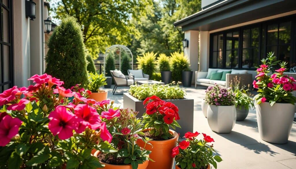 An elegant patio adorned with upscale container gardening, featuring a variety of seasonal plants in stylish pots. In the foreground, vibrant flowers in bright ceramic containers, including petunias and geraniums, contrast beautifully with lush green foliage. The middle ground showcases a well-organized herb garden in sleek, minimalist planters, blurring the lines between decorative and functional. In the background, a cozy seating area with modern outdoor furniture, bathed in soft, dappled sunlight filtering through leafy trees, creates an inviting atmosphere. The scene is captured with a slight angle to emphasize depth, while bright natural light enhances the vivid colors of the plants. The overall mood is fresh, modern, and serene, perfect for an outdoor retreat. An elegant patio adorned with upscale container gardening, featuring a variety of seasonal plants in stylish pots. In the foreground, vibrant flowers in bright ceramic containers, including petunias and geraniums, contrast beautifully with lush green foliage. The middle ground showcases a well-organized herb garden in sleek, minimalist planters, blurring the lines between decorative and functional. In the background, a cozy seating area with modern outdoor furniture, bathed in soft, dappled sunlight filtering through leafy trees, creates an inviting atmosphere. The scene is captured with a slight angle to emphasize depth, while bright natural light enhances the vivid colors of the plants. The overall mood is fresh, modern, and serene, perfect for an outdoor retreat.