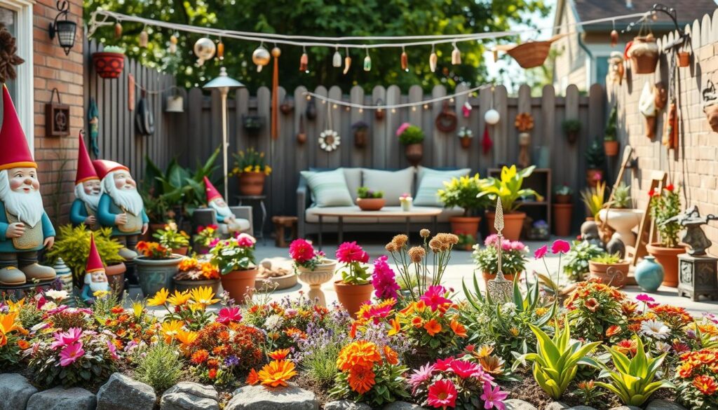 An elegantly designed garden showcasing the impact of over-accessorizing, focusing on an overcrowded backyard space. In the foreground, a vibrant flower bed filled with a mix of colorful plants and decorative stone borders. A variety of mismatched garden decorations like oversized garden gnomes, bright wind chimes, and excessive potted plants create a cluttered look. The middle of the scene features a small seating area with a table, surrounded by too many cushions and trinkets, illustrating poor spatial planning. In the background, a fence partially hidden by hanging decorations and fairy lights adds to the chaotic atmosphere. The image is bathed in soft, natural sunlight, creating an inviting yet overwhelming mood. Use a shallow depth of field to emphasize the foreground clutter while softly blurring the background.