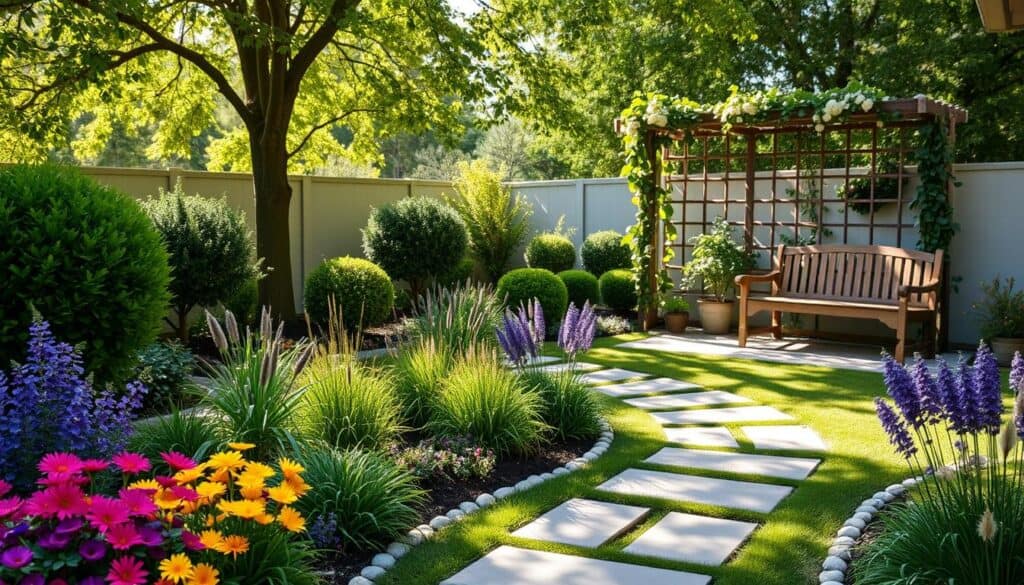 An inviting outdoor garden scene showcasing elegant landscaping ideas on a budget. In the foreground, arrange vibrant flower beds with a mix of colorful perennials and ornamental grasses. The middle ground features a stylish stone pathway meandering through lush greenery, flanked by nicely pruned shrubs and climbing vines on a trellis. In the background, a cozy seating area with a wooden bench beneath the dappled shade of flowering trees enhances the tranquil ambiance. Illuminate the scene with soft, natural sunlight filtering through the leaves, creating a warm, inviting atmosphere. Capture this idyllic setting from a slightly elevated angle to provide depth and perspective, emphasizing the beauty of the harmonious garden design. An inviting outdoor garden scene showcasing elegant landscaping ideas on a budget. In the foreground, arrange vibrant flower beds with a mix of colorful perennials and ornamental grasses. The middle ground features a stylish stone pathway meandering through lush greenery, flanked by nicely pruned shrubs and climbing vines on a trellis. In the background, a cozy seating area with a wooden bench beneath the dappled shade of flowering trees enhances the tranquil ambiance. Illuminate the scene with soft, natural sunlight filtering through the leaves, creating a warm, inviting atmosphere. Capture this idyllic setting from a slightly elevated angle to provide depth and perspective, emphasizing the beauty of the harmonious garden design.