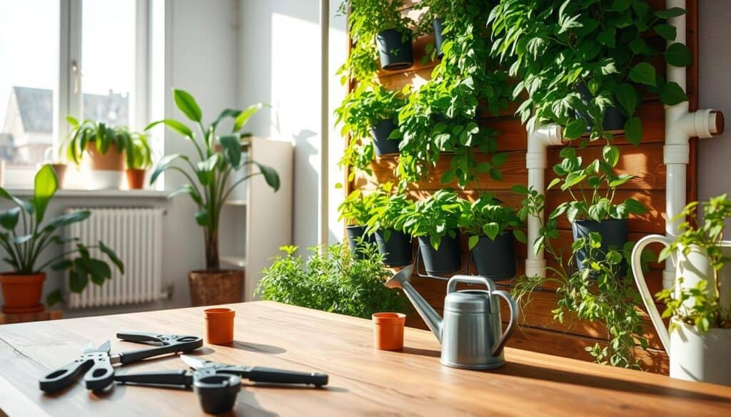 An inviting scene of a homemade vertical garden wall made from PVC pipes and wooden planks, showcasing vibrant green plants flourishing in various containers. In the foreground, maintenance tools like pruning shears, small pots, and a watering can rest neatly on a wooden table. The middle features the vertical garden wall with lush foliage, showcasing tips for upkeep, such as proper watering techniques and sunlight requirements subtly illustrated through mini-icons or colored stickers. The background captures a bright, airy room bathed in soft sunlight filtering through a nearby window, casting gentle shadows and enhancing the organic feel of the space. The overall mood is cheerful and calm, inspiring viewers to nurture their green spaces.