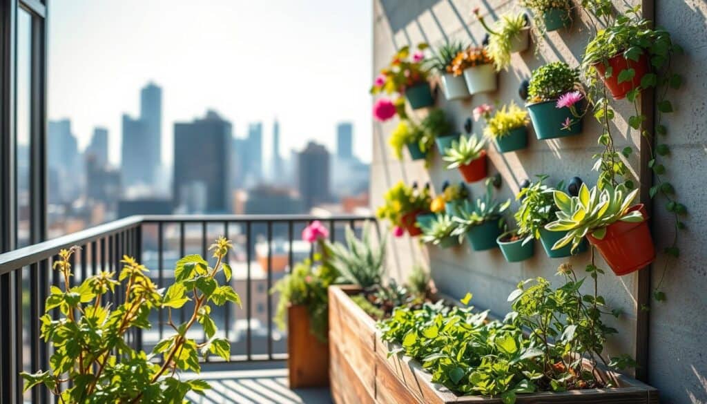 An inviting small balcony featuring a stylish vertical garden wall filled with vibrant greenery and colorful flowers. In the foreground, a rustic wooden planter box holds fresh herbs, while climbing vines elegantly reach towards the railing. The middle ground showcases the vertical garden wall, creatively arranged with a mix of succulents, hanging plants, and modular planters. In the background, a city skyline is softly blurred, enhancing the urban vibe. Bright natural light streams in from the left, casting gentle shadows and creating a warm, airy atmosphere. The scene captures a sense of tranquility and creativity in urban agriculture, ideal for small spaces. The overall mood is fresh, inspiring, and full of life.