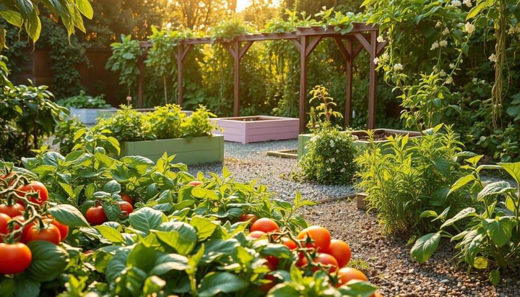An inviting vegetable garden brimming with vibrant, lush plants. In the foreground, a neatly arranged row of tomatoes, peppers, and leafy greens like kale and spinach, interspersed with aromatic herbs such as basil and rosemary. The middle ground features raised wooden garden beds painted in soft colors, surrounded by gravel pathways that invite exploration. In the background, a rustic wooden trellis supports climbing beans adorned with delicate white flowers, all bathed in soft golden sunlight filtering through scattered leaves. The atmosphere exudes charm and tranquility, perfect for a cozy outdoor retreat. Capture this scene from a slightly elevated angle, showcasing the lush greenery and organized layout, enveloped in bright natural light for a fresh, airy feel. An inviting vegetable garden brimming with vibrant, lush plants. In the foreground, a neatly arranged row of tomatoes, peppers, and leafy greens like kale and spinach, interspersed with aromatic herbs such as basil and rosemary. The middle ground features raised wooden garden beds painted in soft colors, surrounded by gravel pathways that invite exploration. In the background, a rustic wooden trellis supports climbing beans adorned with delicate white flowers, all bathed in soft golden sunlight filtering through scattered leaves. The atmosphere exudes charm and tranquility, perfect for a cozy outdoor retreat. Capture this scene from a slightly elevated angle, showcasing the lush greenery and organized layout, enveloped in bright natural light for a fresh, airy feel.