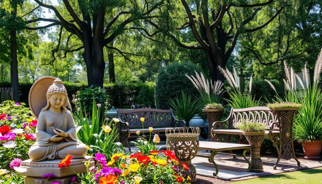 Artisan garden pieces and large outdoor ornaments arranged thoughtfully in a serene garden setting. In the foreground, a beautifully crafted stone statue of a serene figure, surrounded by colorful flowers in bloom. The middle ground features elegant handcrafted wooden benches and intricate metal flower holders that serve both function and aesthetic charm. Lush green foliage and ornamental grasses add texture and warmth. In the background, tall trees provide a natural canopy, dappled sunlight filters through the leaves, casting gentle shadows. The scene is captured in bright natural light, with soft sunlight enhancing the colors and details of the garden decor, evoking a tranquil and inviting atmosphere. The angle is slightly elevated to showcase the arrangement harmoniously.