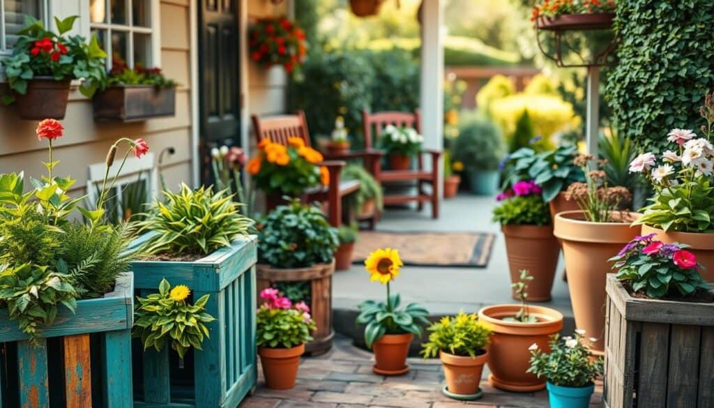 Colorful and creative plant containers arranged aesthetically in a charming home exterior setting. In the foreground, eye-catching containers made of recycled materials, such as wooden crates and terracotta pots, filled with lush greenery and vibrant flowers. In the middle ground, a quaint porch with a welcoming mat and a rustic bench, surrounded by diverse plant arrangements that showcase high-impact, budget-friendly gardening. The background features a well-maintained garden with a soft-focus effect, accentuated by a bright natural light bathing the scene in warm tones, creating an inviting and cheerful atmosphere. Capture this from a slightly elevated angle to emphasize the layered landscape while maintaining a clear focus on the plant containers. Colorful and creative plant containers arranged aesthetically in a charming home exterior setting. In the foreground, eye-catching containers made of recycled materials, such as wooden crates and terracotta pots, filled with lush greenery and vibrant flowers. In the middle ground, a quaint porch with a welcoming mat and a rustic bench, surrounded by diverse plant arrangements that showcase high-impact, budget-friendly gardening. The background features a well-maintained garden with a soft-focus effect, accentuated by a bright natural light bathing the scene in warm tones, creating an inviting and cheerful atmosphere. Capture this from a slightly elevated angle to emphasize the layered landscape while maintaining a clear focus on the plant containers.