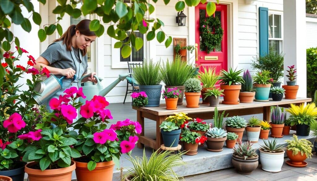 Colorful container gardens arranged on a welcoming front porch, showcasing a variety of thriving plants like petunias, ferns, and succulents in stylish pots. In the foreground, a gardener in modest casual clothing is tending to the plants, using watering can and pruning shears. The middle ground features neatly arranged containers on rustic wooden shelves, enhancing the visual appeal with vibrant colors against the natural wood. In the background, a charming, well-maintained home with a vibrant front door and greenery adds to the curb appeal. Soft sunlight filters through the leaves, creating an inviting atmosphere. The image is well-lit and airy, capturing the essence of essential maintenance tips for healthy container plants. Colorful container gardens arranged on a welcoming front porch, showcasing a variety of thriving plants like petunias, ferns, and succulents in stylish pots. In the foreground, a gardener in modest casual clothing is tending to the plants, using watering can and pruning shears. The middle ground features neatly arranged containers on rustic wooden shelves, enhancing the visual appeal with vibrant colors against the natural wood. In the background, a charming, well-maintained home with a vibrant front door and greenery adds to the curb appeal. Soft sunlight filters through the leaves, creating an inviting atmosphere. The image is well-lit and airy, capturing the essence of essential maintenance tips for healthy container plants.