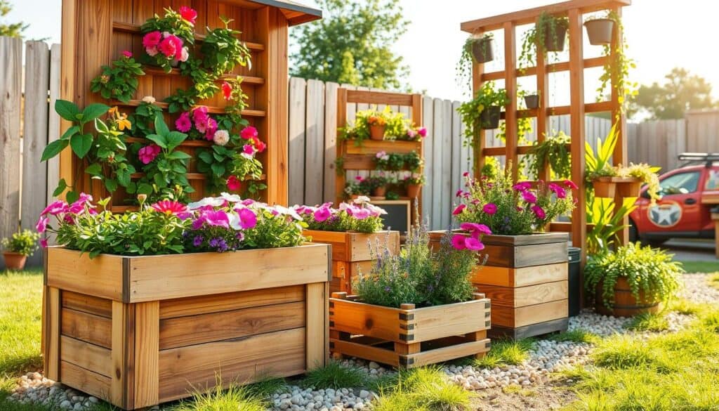 Create a vivid scene of charming planters and vertical gardens crafted from scrap wood. In the foreground, display a beautifully assembled wooden planter box overflowing with vibrant flowers and lush greenery. Include a vertical garden structure made of rustic wood, showcasing various climbing plants and herbs, filled with colorful blossoms. The middle ground should feature additional planters with creative designs, blending seamlessly into an outdoor setting with soft grass and pebbles. In the background, a bright, clear sky filters warm sunlight, creating a cheerful and inviting atmosphere. The lighting should be soft and natural, emphasizing the textures of the wood and the vibrant colors of the plants. Capture this idyllic garden scene with a slight aerial angle to provide depth and an enchanting view of DIY craftsmanship in harmony with nature.