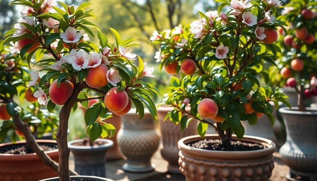 Dwarf peach trees in decorative containers, showcasing vibrant green leaves and delicate pink blossoms, arranged in a sunlit, airy garden setting. The foreground features a close-up of a healthy potted peach tree, with rich, textured bark and a few ripe peaches emerging among the flowers. In the middle ground, additional stone fruit varieties like apricots and cherries are visible within elegant, textured ceramic pots, surrounded by lush greenery. The background includes a softly blurred garden filled with sunlight filtering through trees, creating a warm, inviting atmosphere. The scene is captured with a shallow depth of field, enhancing the focus on the potted fruits, illuminated by soft, natural light that highlights the colors and details vividly. Dwarf peach trees in decorative containers, showcasing vibrant green leaves and delicate pink blossoms, arranged in a sunlit, airy garden setting. The foreground features a close-up of a healthy potted peach tree, with rich, textured bark and a few ripe peaches emerging among the flowers. In the middle ground, additional stone fruit varieties like apricots and cherries are visible within elegant, textured ceramic pots, surrounded by lush greenery. The background includes a softly blurred garden filled with sunlight filtering through trees, creating a warm, inviting atmosphere. The scene is captured with a shallow depth of field, enhancing the focus on the potted fruits, illuminated by soft, natural light that highlights the colors and details vividly.