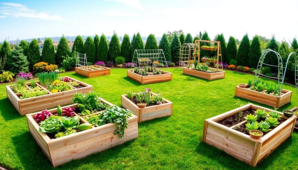 Five distinct raised bed garden layouts, each maximizing square footage, arranged in a lush backyard setting. Foreground features detailed close-ups of diverse vegetables, herbs, and flowers in modern, neatly constructed wooden raised beds with distinct shapes and orientations. Middle ground showcases a variety of layouts: one in a grid pattern, another in a circular design, and others utilizing vertical space with trellises and hanging planters. Background includes a vibrant green lawn, colorful landscaping, and a bright blue sky with soft, diffused sunlight casting gentle shadows. Ideal for creating a cheerful and inviting atmosphere that promotes gardening efficiency and creativity. Use a wide-angle lens for an expansive view, capturing the harmonious blend of structure and nature without any text or distractions.