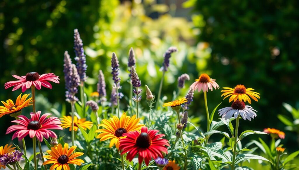 Five low-maintenance flowering plants arranged beautifully in a sunny backyard garden setting. In the foreground, vibrant blooms of daylilies and black-eyed Susans create a colorful display, while lavender and coneflowers provide texture and subtle height in the middle ground. In the background, a soft-focus backdrop of lush green shrubs enhances the scene. The sunlight filters through the leaves, casting gentle dappled shadows, creating an inviting and serene atmosphere. The image is bright and airy, capturing the essence of a low-maintenance garden that thrives effortlessly. Shot with a shallow depth of field to emphasize the plants, evoking a sense of tranquility and ease that appeals to busy gardeners.