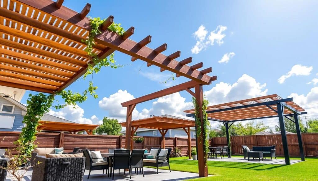 Freestanding pergolas in a sunny backyard with no trees, showcasing various stylish shade structures made of wood and metal. In the foreground, a beautifully designed pergola with a slatted roof adorned with climbing vines. The middle ground features comfortable outdoor furniture like a stylish table and chairs set up beneath the pergola, inviting relaxation. In the background, a bright blue sky with soft, fluffy clouds and a well-maintained lawn adds a sense of openness. The scene is bathed in bright natural light, enhancing textures and colors, creating a warm and welcoming atmosphere. The image captures the essence of outdoor living at its finest, emphasizing the appeal of adding shade structures without the need for trees.
