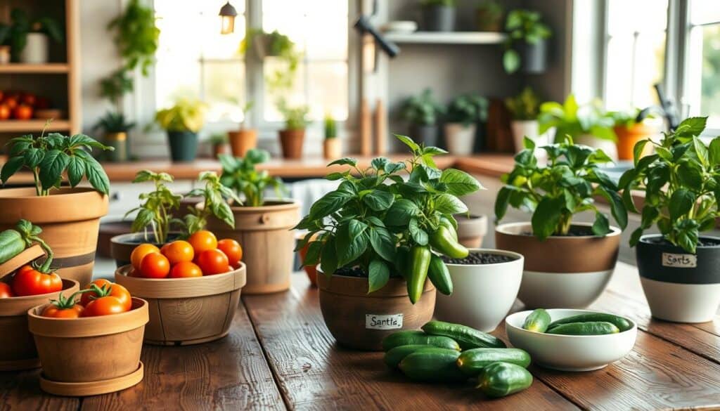 Ideal plant containers for growing tomatoes, peppers, and cucumbers arranged on a rustic wooden table in a bright, airy kitchen. In the foreground, feature a variety of containers including terracotta pots, wooden planters, and modern ceramic bowls, each filled with vibrant, healthy plants. The middle ground showcases additional containers with soil and plant labels, emphasizing diverse shapes and sizes. The background reveals softly blurred kitchen elements, like hanging herbs and window sill plants, bathed in warm, natural sunlight that pours through a large window, creating a welcoming and productive atmosphere. Use a wide-angle lens to capture depth and include plant details, infusing the scene with a fresh and inviting mood. Ideal plant containers for growing tomatoes, peppers, and cucumbers arranged on a rustic wooden table in a bright, airy kitchen. In the foreground, feature a variety of containers including terracotta pots, wooden planters, and modern ceramic bowls, each filled with vibrant, healthy plants. The middle ground showcases additional containers with soil and plant labels, emphasizing diverse shapes and sizes. The background reveals softly blurred kitchen elements, like hanging herbs and window sill plants, bathed in warm, natural sunlight that pours through a large window, creating a welcoming and productive atmosphere. Use a wide-angle lens to capture depth and include plant details, infusing the scene with a fresh and inviting mood.