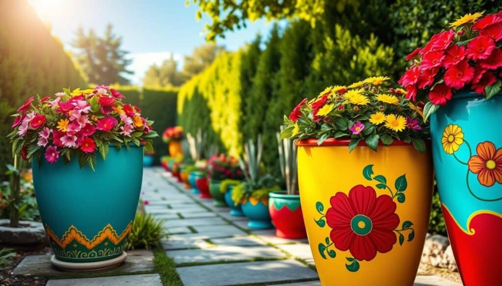 Large outdoor painted pots featured prominently in a vibrant garden setting, showcasing bold colors like turquoise, sunny yellow, and deep red, each adorned with intricate floral patterns. In the foreground, two oversized pots overflowing with lush greenery and colorful flowers create an inviting focal point. The middle ground reveals a variety of smaller painted planters, harmoniously arranged along a stone pathway that leads deeper into the garden. The background boasts a soft-focus of tall hedges and a clear blue sky, illuminated by bright natural light and gentle soft sunlight filtering through the leaves. The overall mood is cheerful and refreshing, capturing the essence of a lively garden space designed for relaxation and enjoyment, viewed from a slightly elevated angle for depth. Large outdoor painted pots featured prominently in a vibrant garden setting, showcasing bold colors like turquoise, sunny yellow, and deep red, each adorned with intricate floral patterns. In the foreground, two oversized pots overflowing with lush greenery and colorful flowers create an inviting focal point. The middle ground reveals a variety of smaller painted planters, harmoniously arranged along a stone pathway that leads deeper into the garden. The background boasts a soft-focus of tall hedges and a clear blue sky, illuminated by bright natural light and gentle soft sunlight filtering through the leaves. The overall mood is cheerful and refreshing, capturing the essence of a lively garden space designed for relaxation and enjoyment, viewed from a slightly elevated angle for depth.
