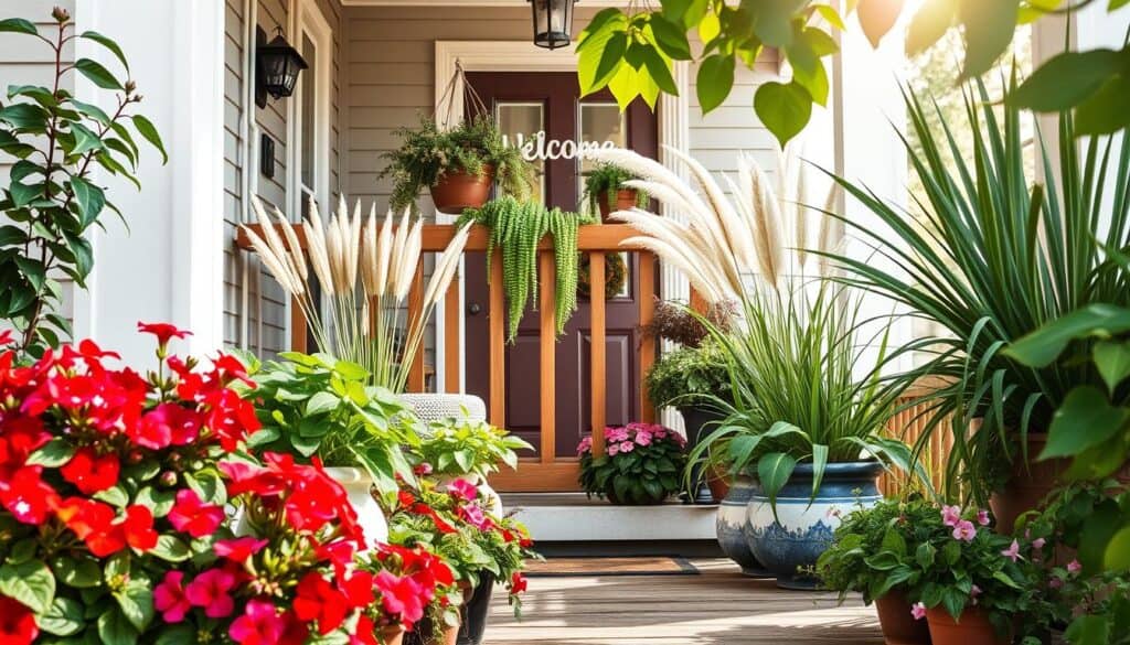 Lush and colorful container plants arranged elegantly on a welcoming porch, creating an inviting atmosphere for curb appeal. In the foreground, vibrant geraniums and petunias spill over from decorative ceramic pots, while taller plants like ornamental grasses add height and texture. The middle section showcases a charming wooden railing adorned with hanging baskets filled with ferns and trailing vines. In the background, a well-maintained front door with a cheerful welcome mat complements the scene. The image captures bright, natural light with soft sunlight filtering through leaves, evoking a serene and cozy mood. An angle that highlights the depth of the porch adds dimension to the composition, showcasing the harmony between the plants and the home. Lush and colorful container plants arranged elegantly on a welcoming porch, creating an inviting atmosphere for curb appeal. In the foreground, vibrant geraniums and petunias spill over from decorative ceramic pots, while taller plants like ornamental grasses add height and texture. The middle section showcases a charming wooden railing adorned with hanging baskets filled with ferns and trailing vines. In the background, a well-maintained front door with a cheerful welcome mat complements the scene. The image captures bright, natural light with soft sunlight filtering through leaves, evoking a serene and cozy mood. An angle that highlights the depth of the porch adds dimension to the composition, showcasing the harmony between the plants and the home.