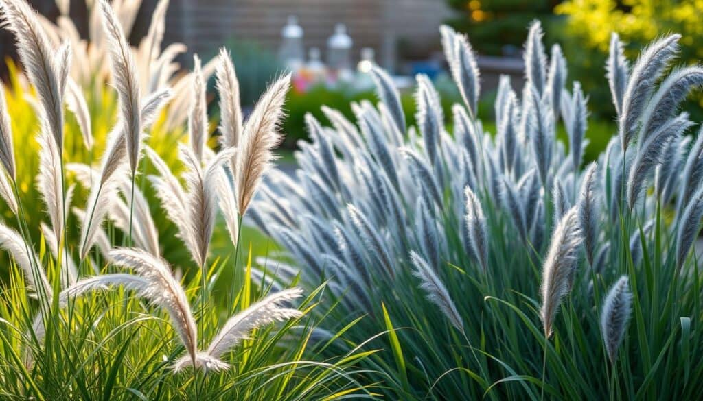 Lush, drought-tolerant grasses swaying gently in a sunlit garden, showcasing various ornamental grasses with unique textures and forms. In the foreground, tall feathery pampas grass and soft blue fescue create a dynamic contrast with their varying heights and colors. The middle ground features clusters of native grasses like purple fountain grass with a soft, silky appearance, adding depth and interest. The background fades into a blurred gardenscape, illuminated by warm, soft sunlight. The setting conveys a tranquil, inviting atmosphere perfect for a home garden, with an emphasis on sustainability and beauty. Capture the scene with a slight low-angle perspective to emphasize the movement of the grasses in the breeze, creating a serene and harmonious outdoor space. Lush, drought-tolerant grasses swaying gently in a sunlit garden, showcasing various ornamental grasses with unique textures and forms. In the foreground, tall feathery pampas grass and soft blue fescue create a dynamic contrast with their varying heights and colors. The middle ground features clusters of native grasses like purple fountain grass with a soft, silky appearance, adding depth and interest. The background fades into a blurred gardenscape, illuminated by warm, soft sunlight. The setting conveys a tranquil, inviting atmosphere perfect for a home garden, with an emphasis on sustainability and beauty. Capture the scene with a slight low-angle perspective to emphasize the movement of the grasses in the breeze, creating a serene and harmonious outdoor space.