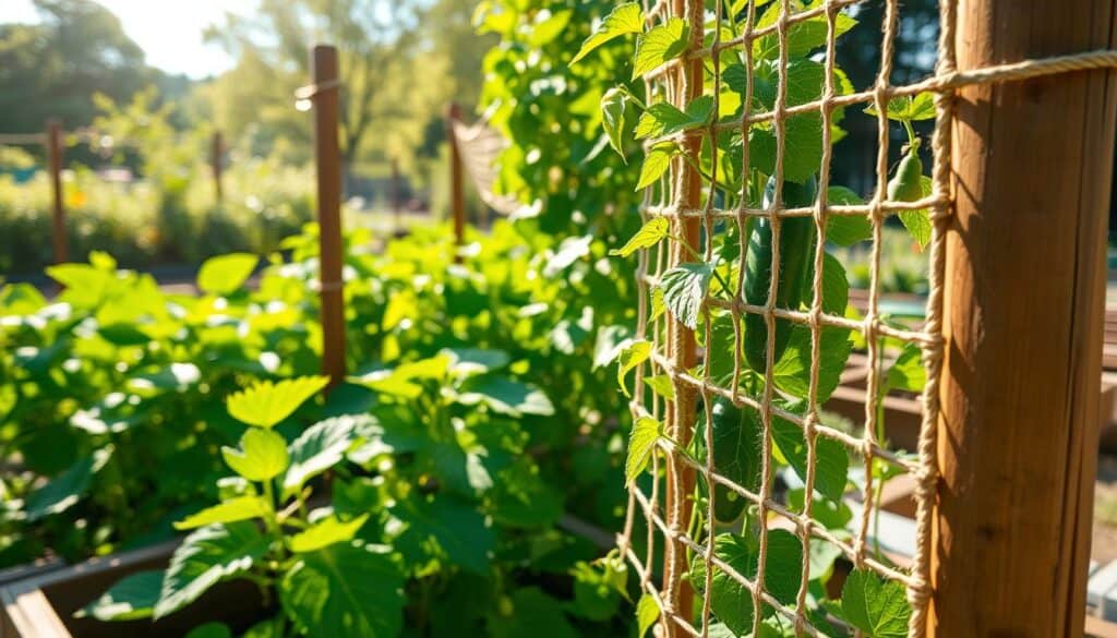 Lush green raised garden beds filled with vibrant vining crops like cucumbers and peas, supported by a sturdy trellis netting system made of natural twine. In the foreground, show the trellis netting tightly strung between wooden posts, showcasing its intricate weave. In the middle ground, the vibrant plants climb the netting, their leaves glistening in the bright natural light. The background features a sunny outdoor garden scene with soft sunlight filtering through trees, casting gentle shadows. Use a wide-angle lens to capture the depth and detail of the growth, creating an inviting and airy atmosphere, ideal for showcasing organic gardening techniques. Lush green raised garden beds filled with vibrant vining crops like cucumbers and peas, supported by a sturdy trellis netting system made of natural twine. In the foreground, show the trellis netting tightly strung between wooden posts, showcasing its intricate weave. In the middle ground, the vibrant plants climb the netting, their leaves glistening in the bright natural light. The background features a sunny outdoor garden scene with soft sunlight filtering through trees, casting gentle shadows. Use a wide-angle lens to capture the depth and detail of the growth, creating an inviting and airy atmosphere, ideal for showcasing organic gardening techniques.